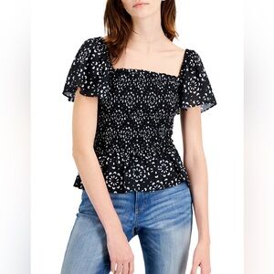 INC Smocked Printed Peplum Blouse black and white size small NWT